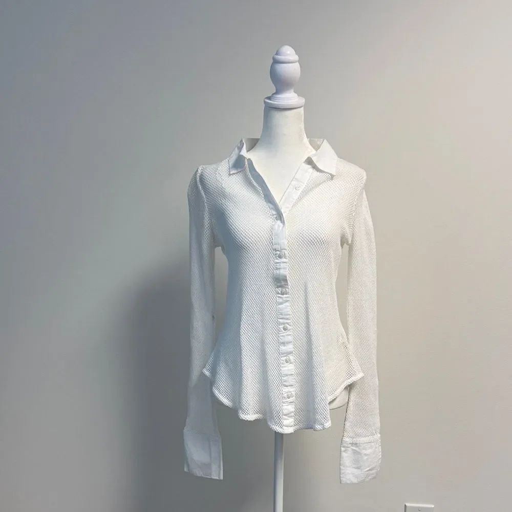 Free People White Siggi Open Knit Button Down Shirt Top Small